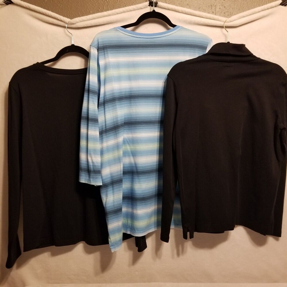 Lands End L Shirts Lot Of 3 Black Long Sleeve Blue Striped Black Turtleneck - Picture 2 of 9